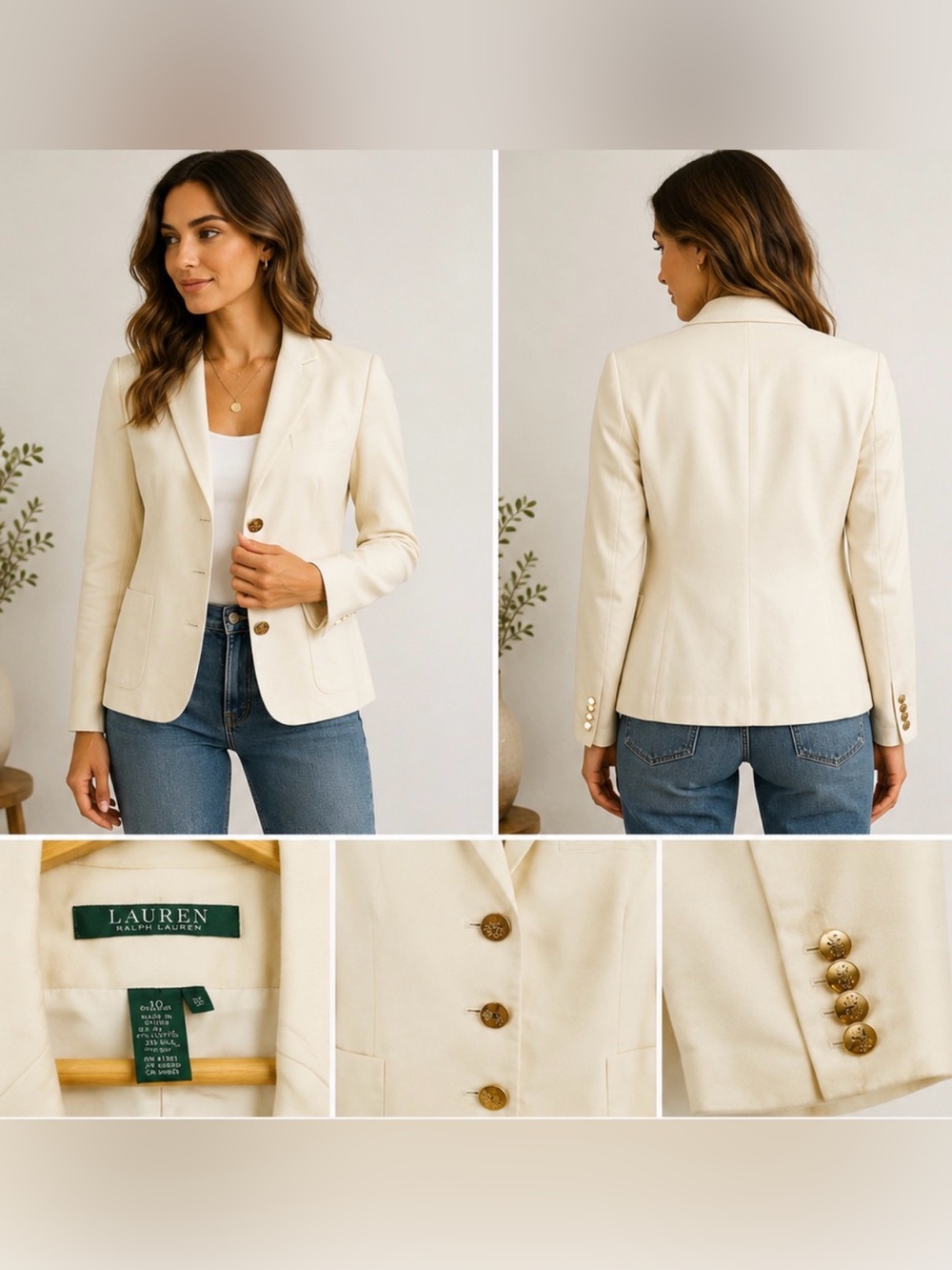Lauren Ralph Lauren Cotton Silk Blazer Ivory Size 10 Tailored Jacket